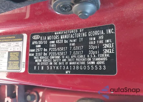 2011 Kia Sorento Lx from USA, damaged, VIN 5XYKT3A13BG055533